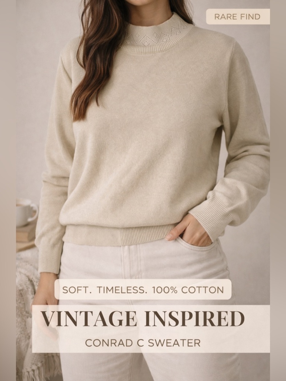 Vintage Conrad C Beige Cotton Sweater Mock Neck Size M